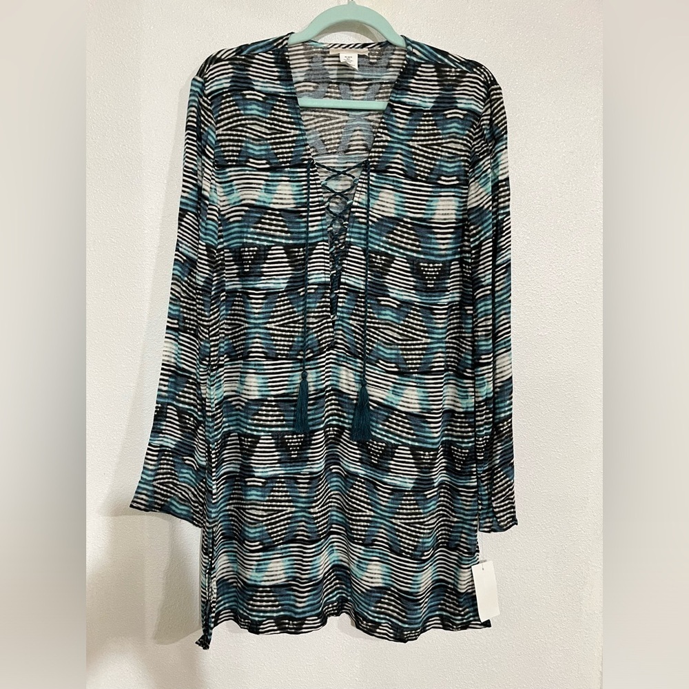 La Blanca beach cover up long sleeve size S turquoise blue print NWT dress
